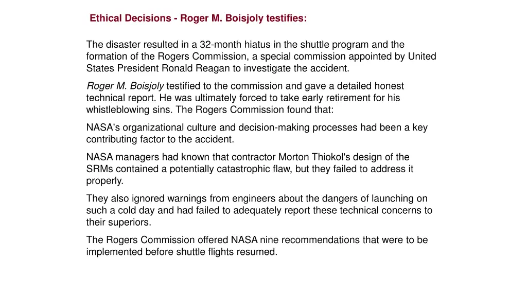 ethical decisions roger m boisjoly testifies