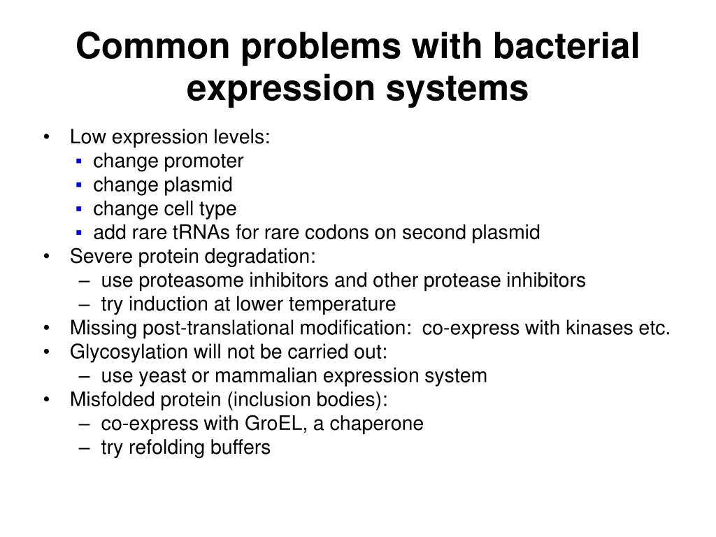 common problems with bacterial expression systems