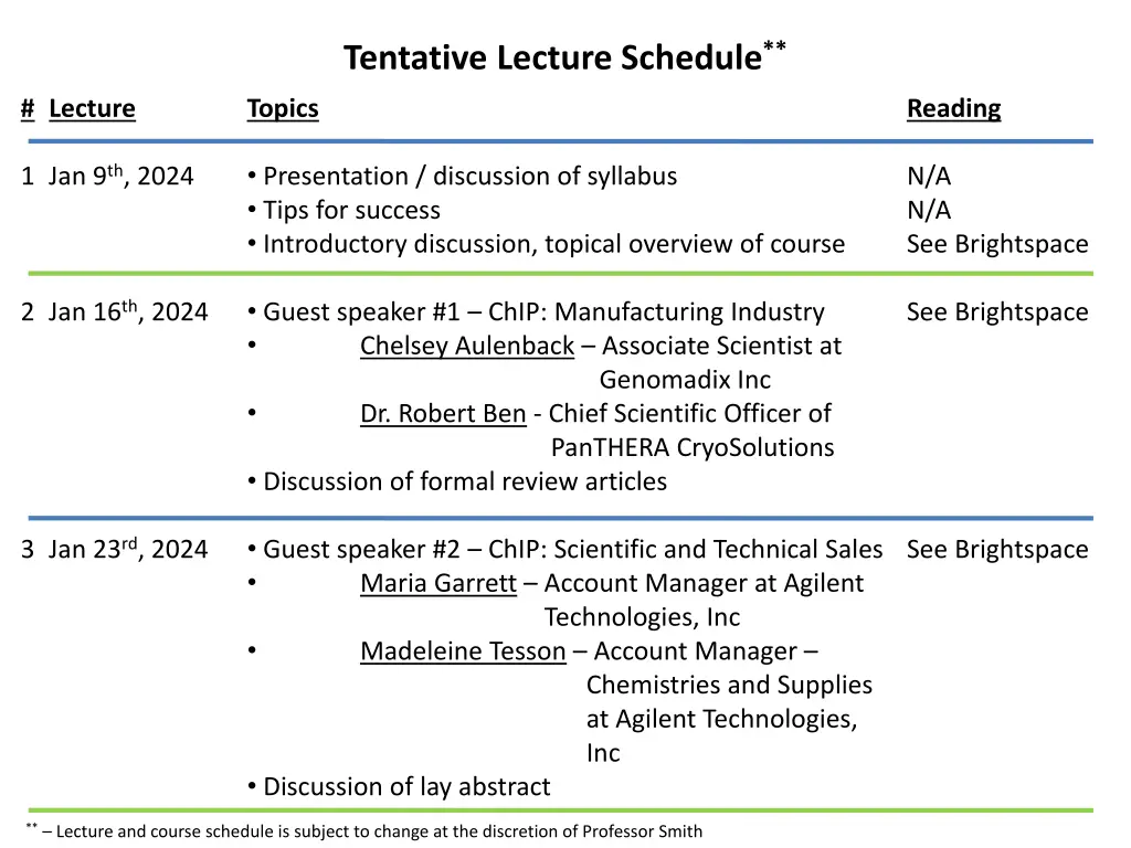 tentative lecture schedule