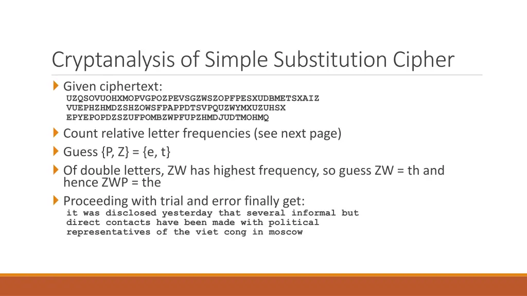 cryptanalysis of simple substitution cipher given
