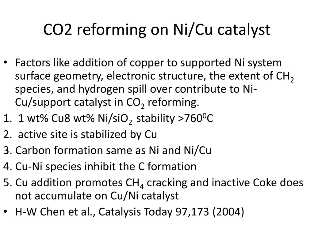 co2 reforming on ni cu catalyst