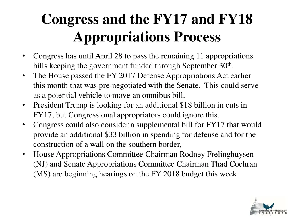 congress and the fy17 and fy18 appropriations