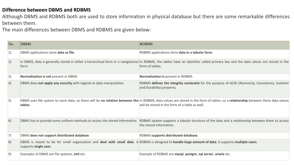difference between dbms and rdbms although dbms