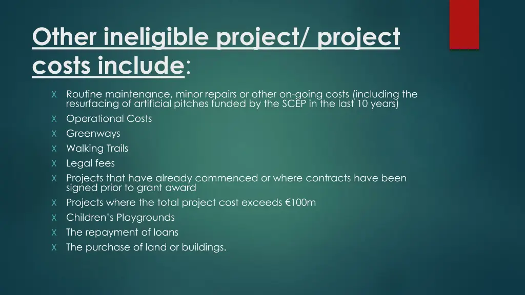 other ineligible project project costs include