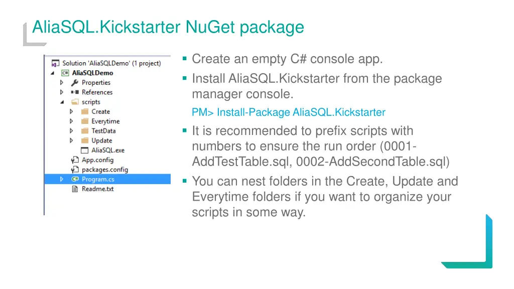 aliasql kickstarter nuget package
