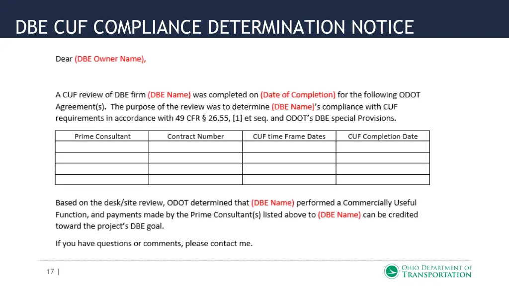 dbe cuf compliance determination notice