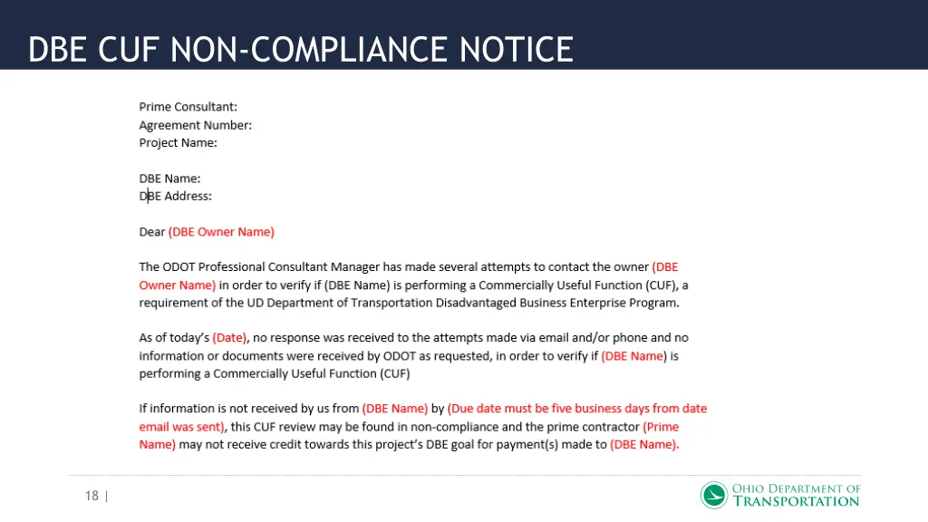 dbe cuf non compliance notice