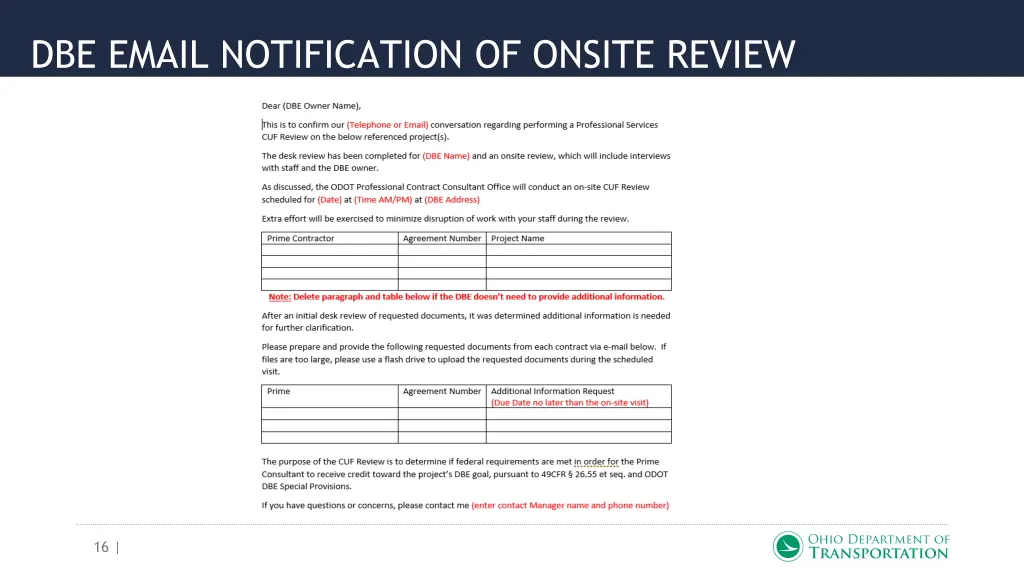 dbe email notification of onsite review