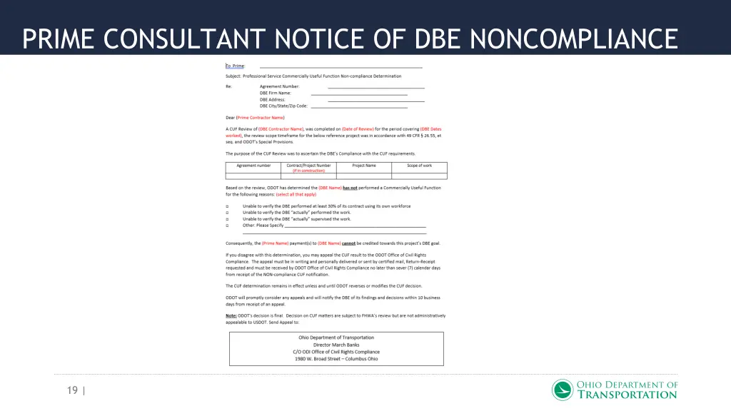 prime consultant notice of dbe noncompliance