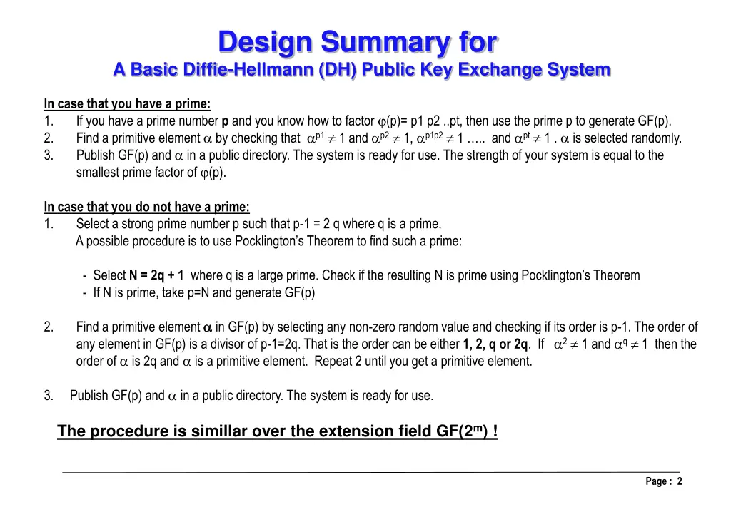 design summary for a basic diffie hellmann