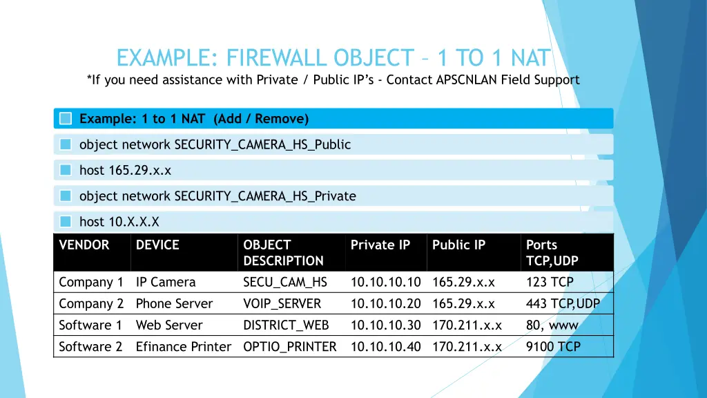 example firewall object 1 to 1 nat if you need