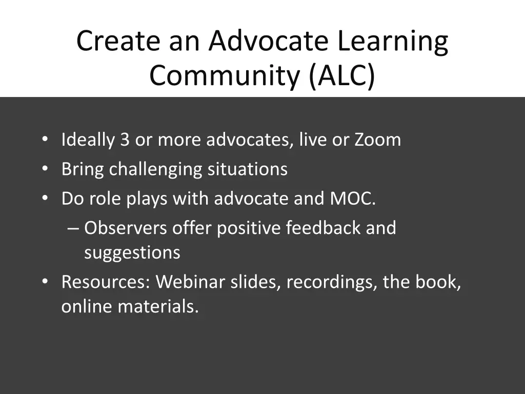 create an advocate learning community alc