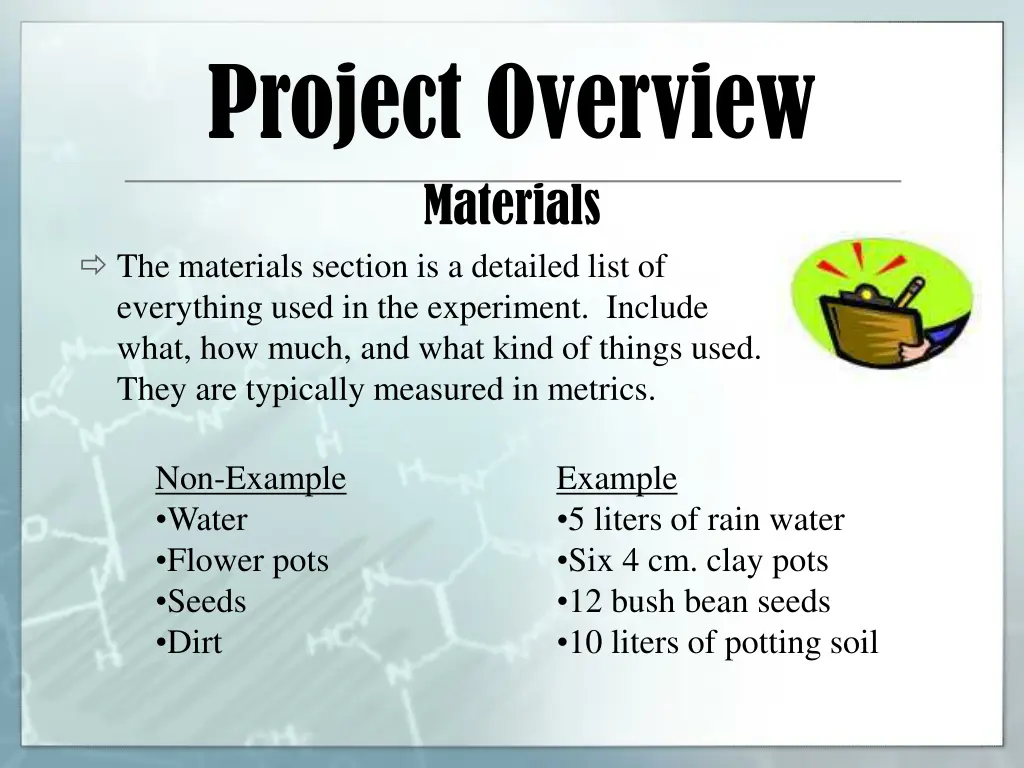 project overview materials