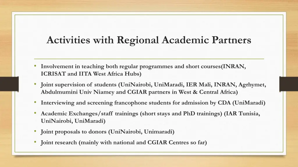 activities with regional academic partners