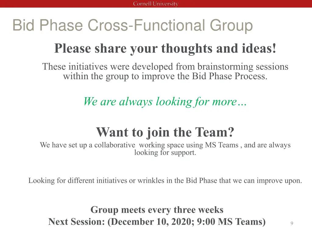 bid phase cross functional group please share