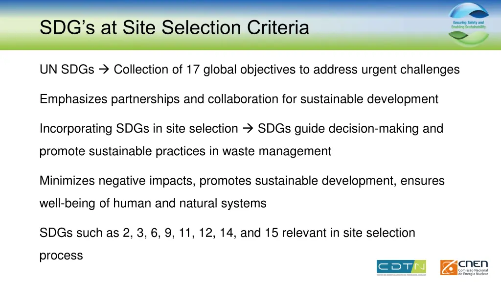 sdg s at site selection criteria