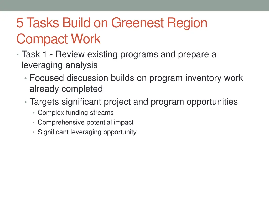 5 tasks build on greenest region compact work