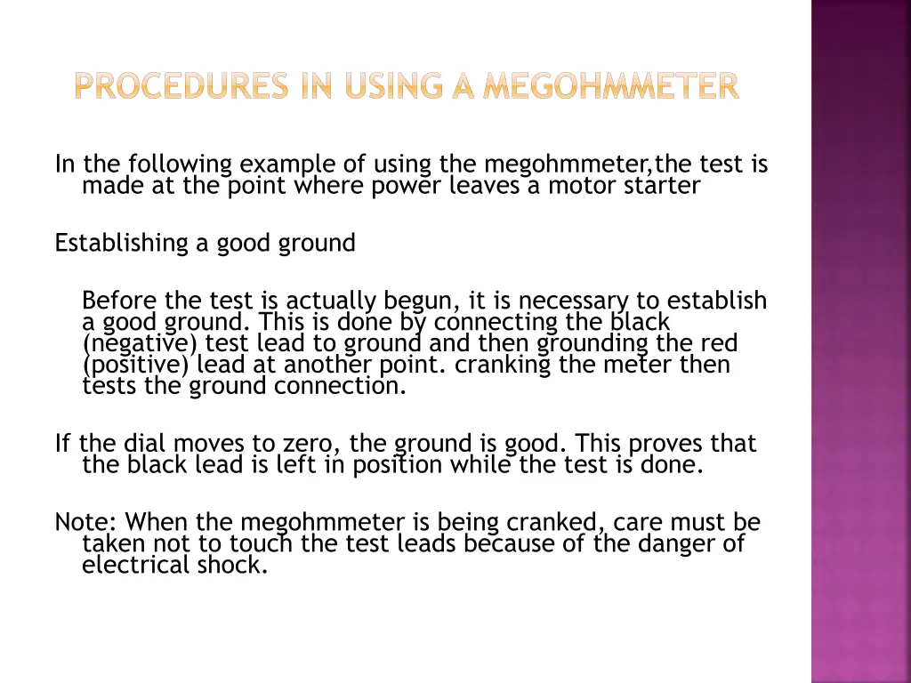 procedures in using a megohmmeter