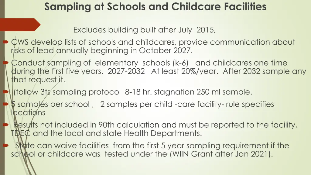 sampling at schools and childcare facilities