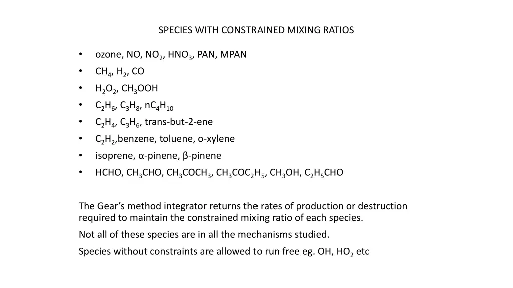 species with constrained mixing ratios