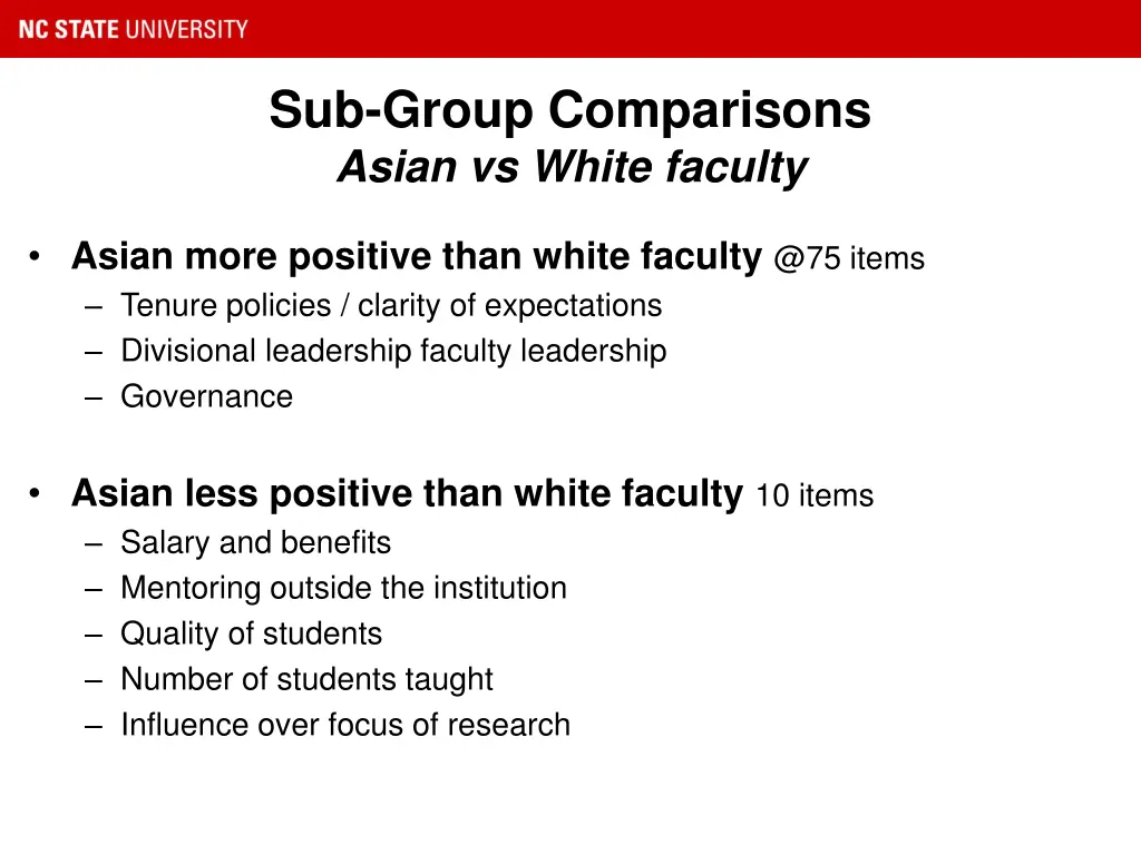 sub group comparisons asian vs white faculty