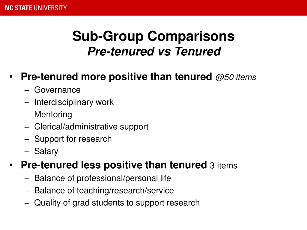 sub group comparisons pre tenured vs tenured