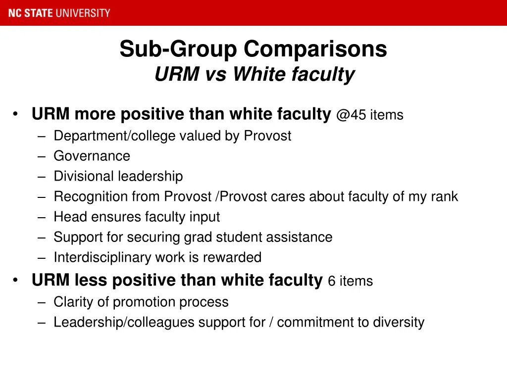 sub group comparisons urm vs white faculty