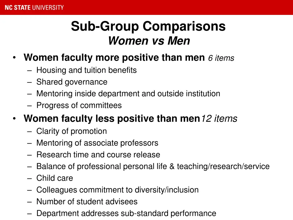sub group comparisons women vs men women faculty