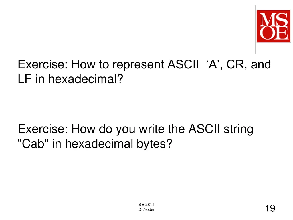 exercise how to represent ascii