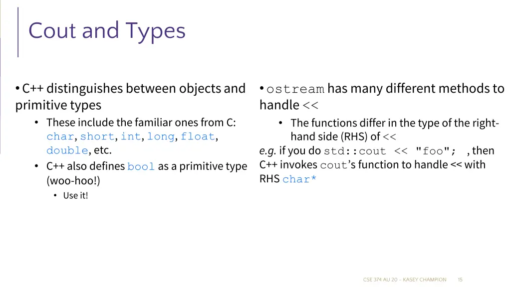 cout and types