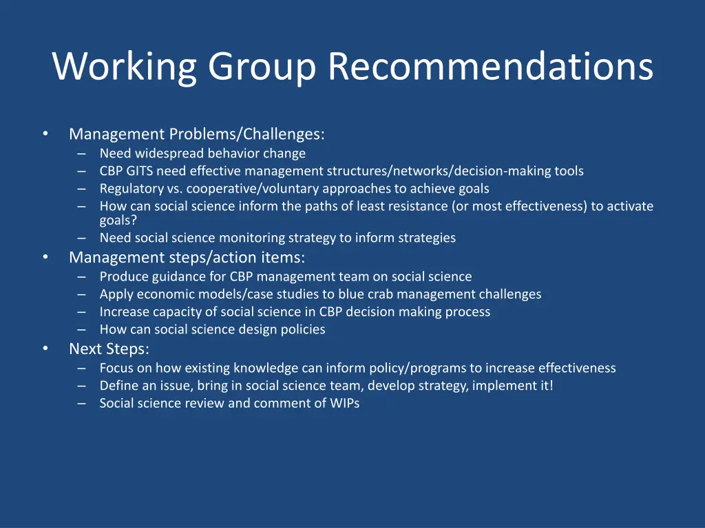 working group recommendations