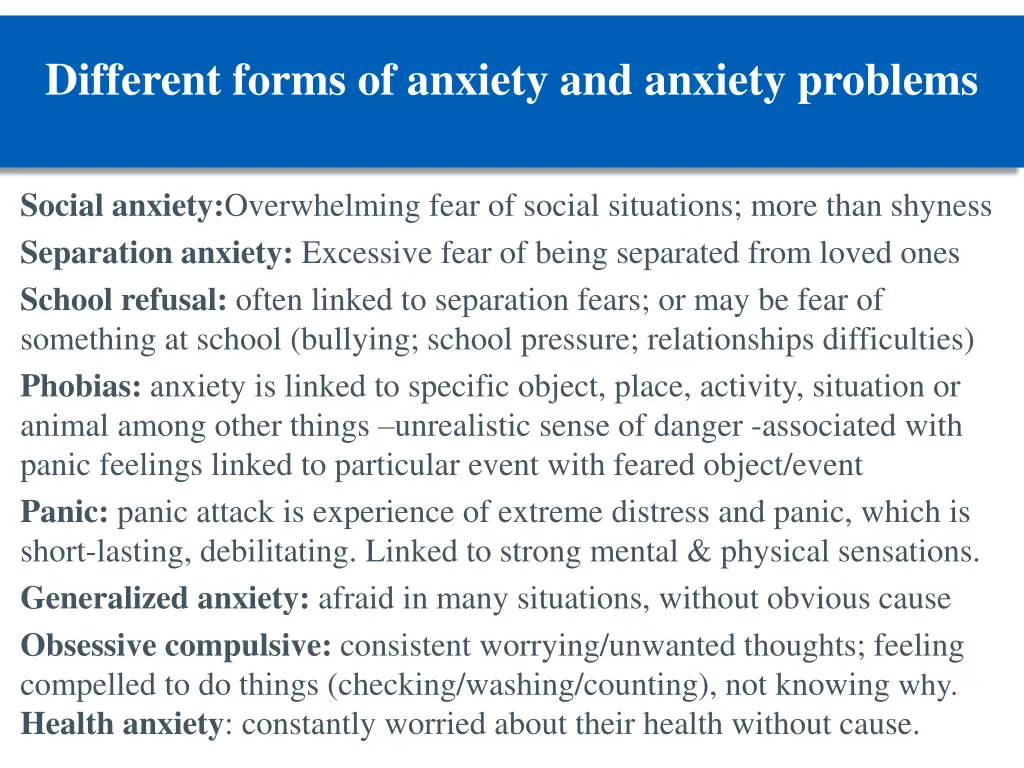 different forms of anxiety and anxiety problems