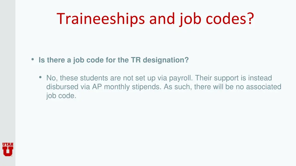traineeships and job codes