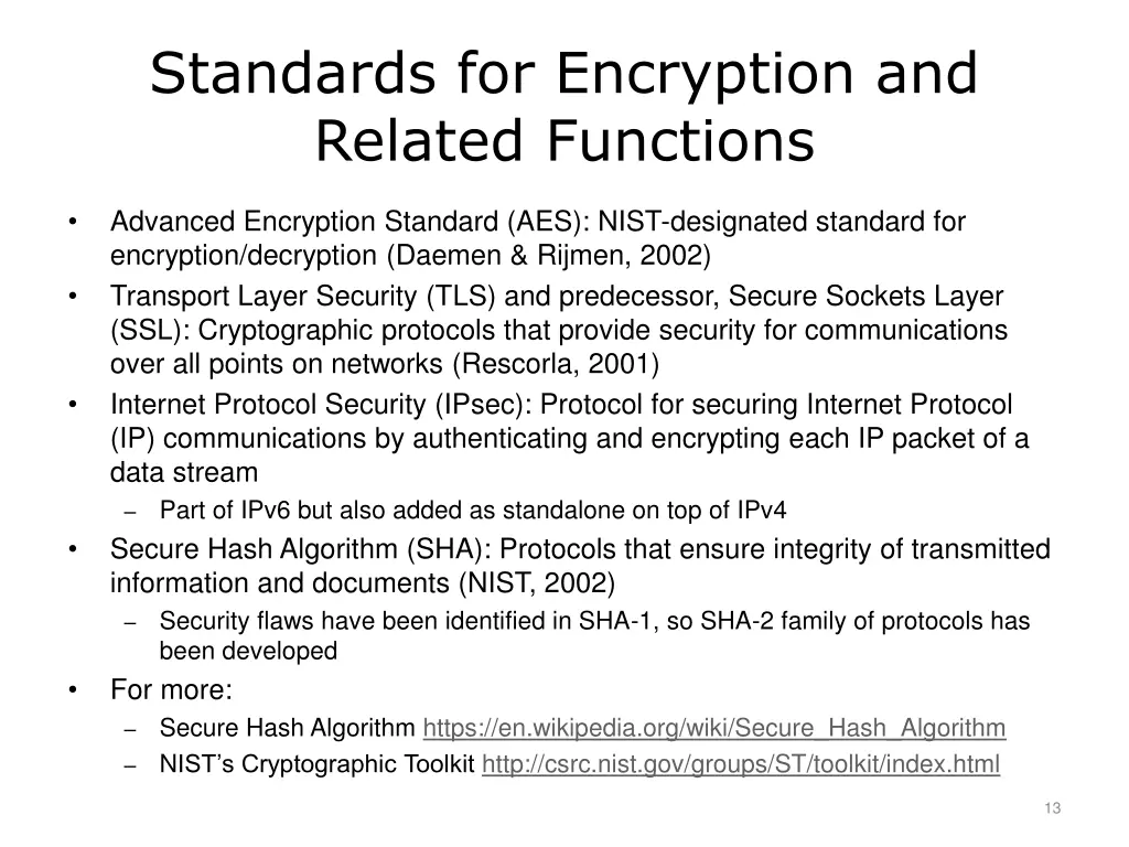 standards for encryption and related functions