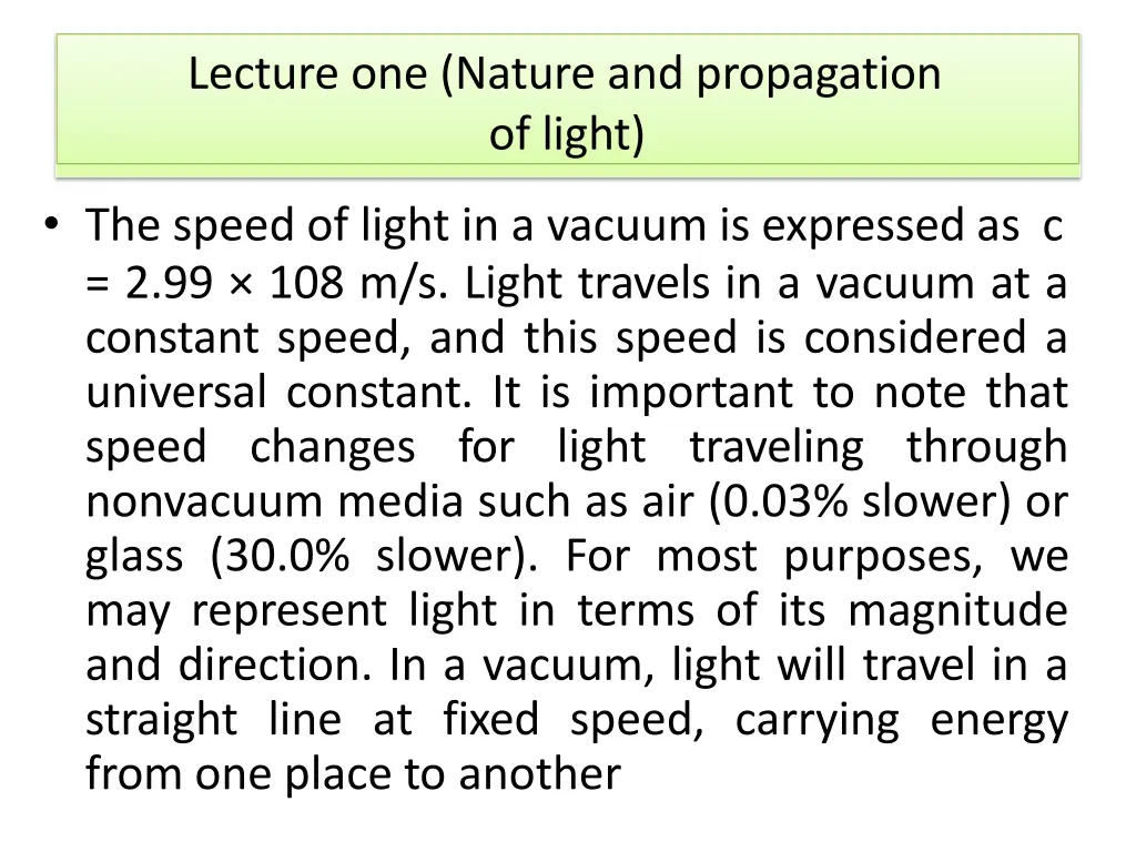 lecture one nature and propagation of light 2