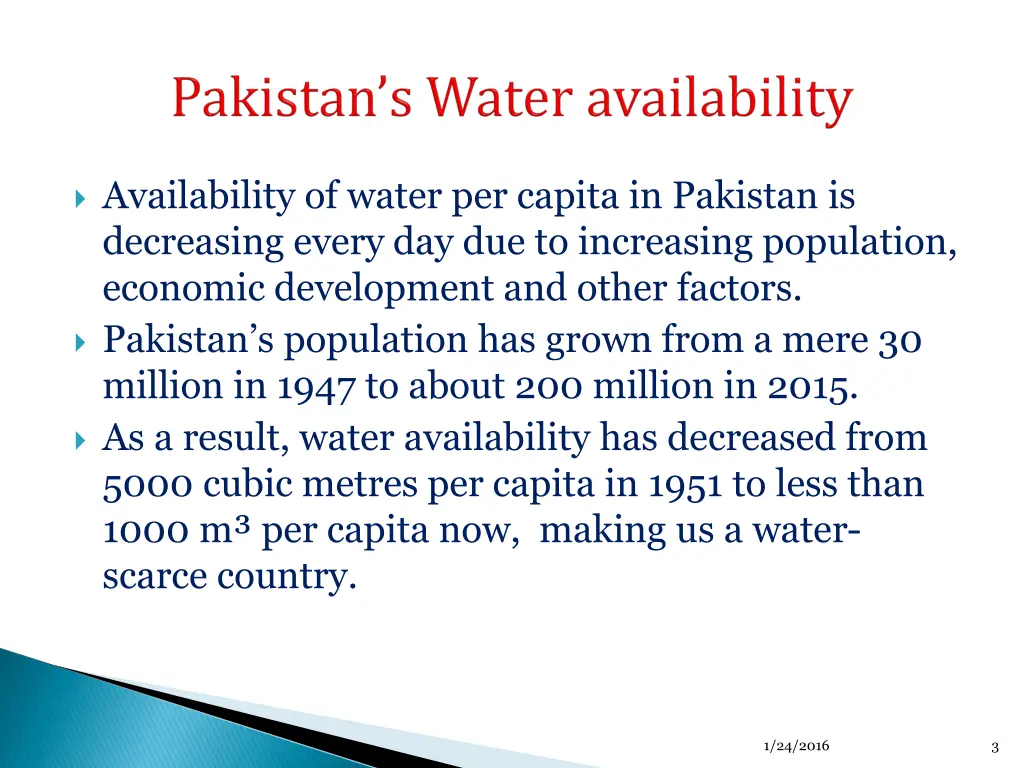 availability of water per capita in pakistan