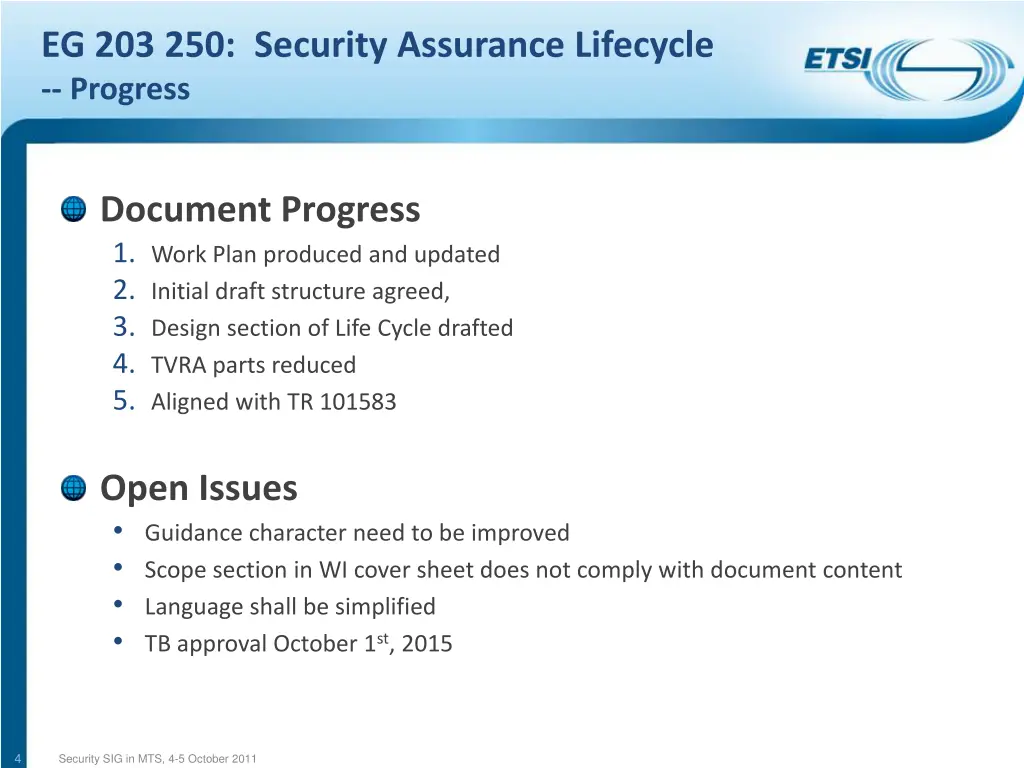 eg 203 250 security assurance lifecycle progress