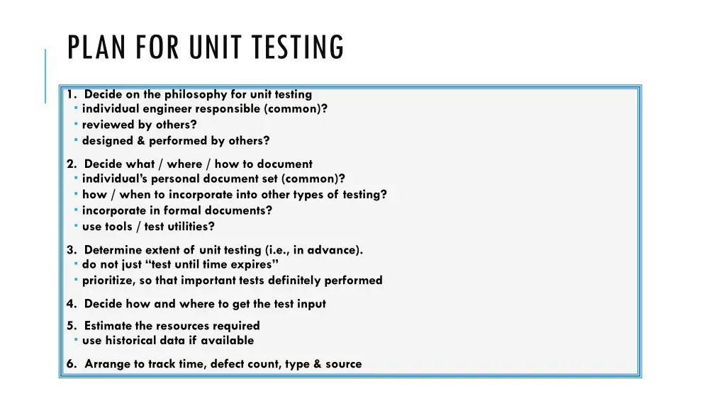 plan for unit testing
