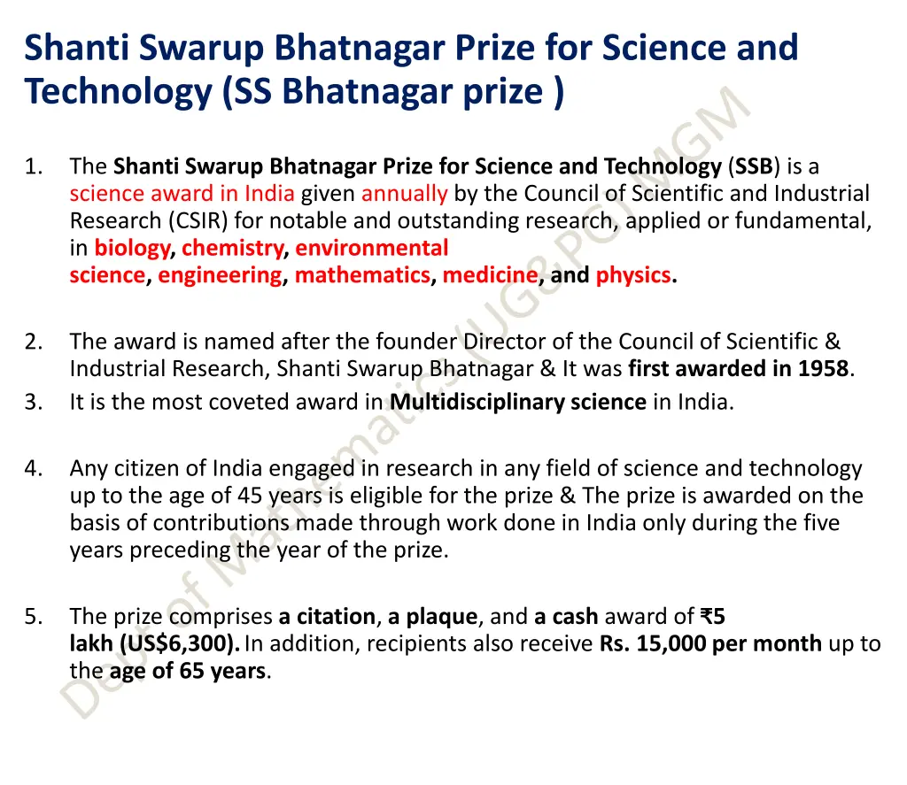 shanti swarup bhatnagar prize for science