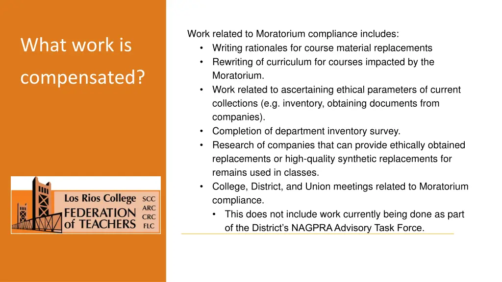 work related to moratorium compliance includes
