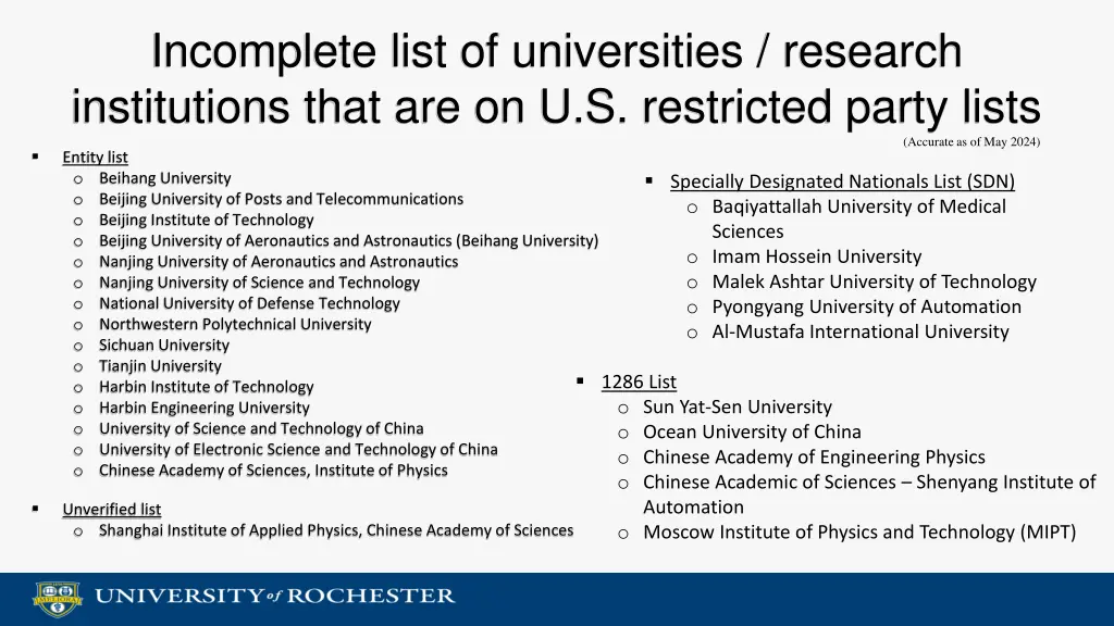 incomplete list of universities research