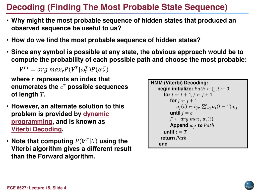 decoding finding the most probable state sequence
