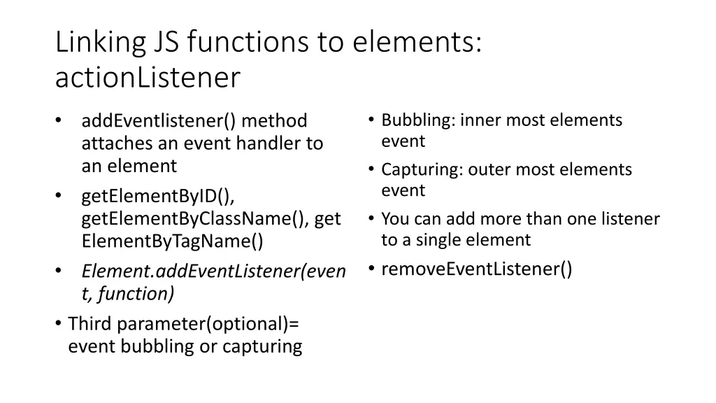 linking js functions to elements actionlistener