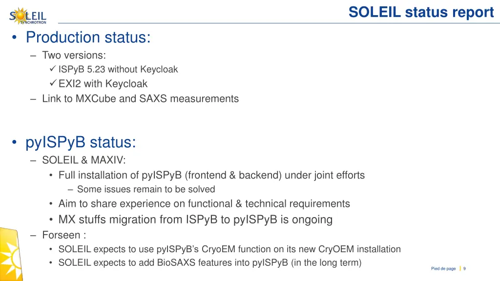 soleil status report