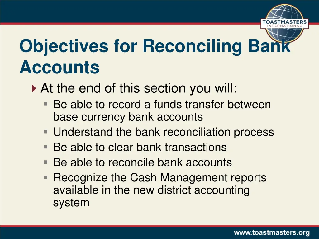 objectives for reconciling bank accounts