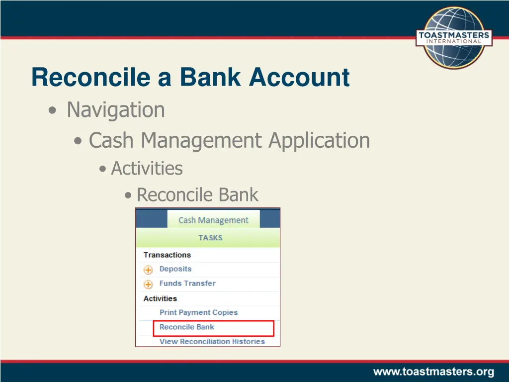 reconcile a bank account navigation cash