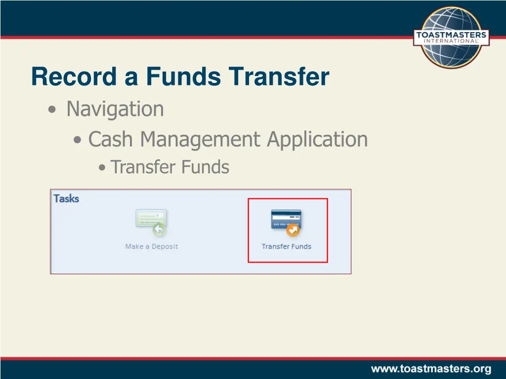 record a funds transfer navigation cash