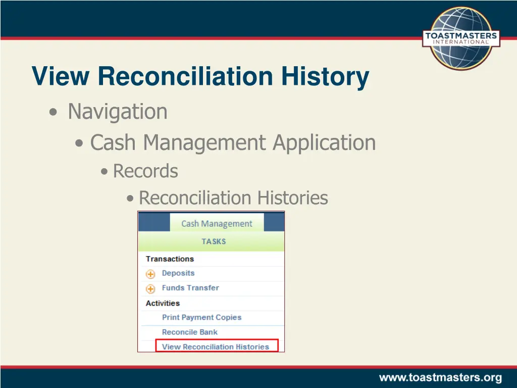 view reconciliation history navigation cash