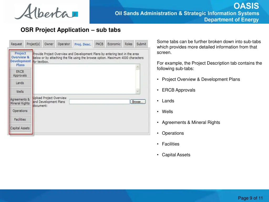 osr project application sub tabs
