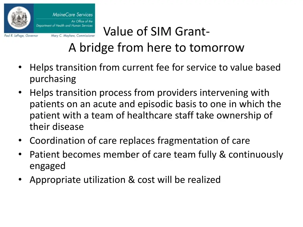value of sim grant a bridge from here to tomorrow